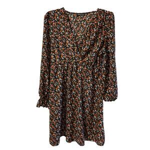 SHEIN Long Sleeve Black Floral Rayon Dress V Neck Size L US8/10